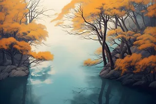 秋叶树木河面俯视摄影