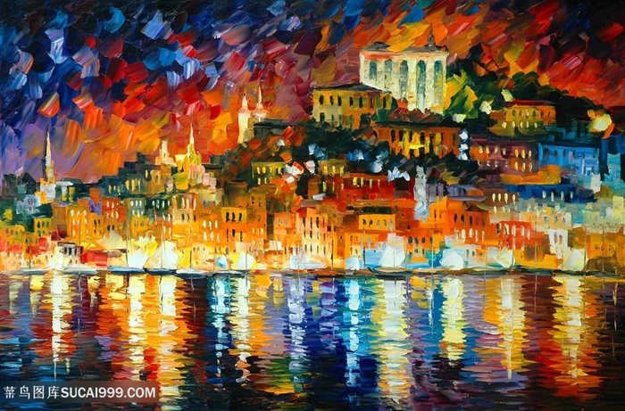 唯美海景建筑油画风景画插画