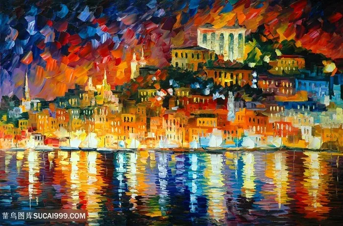 唯美海景建筑油画风景画插画