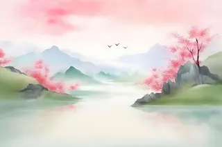 国风清新山河绿植背景