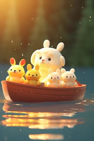 小熊们坐船湖泊卡通插画