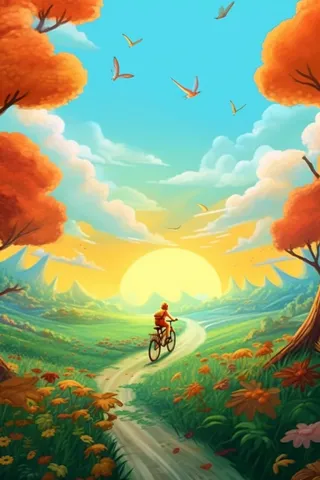 晴天草地踏青自行车游玩插画背景