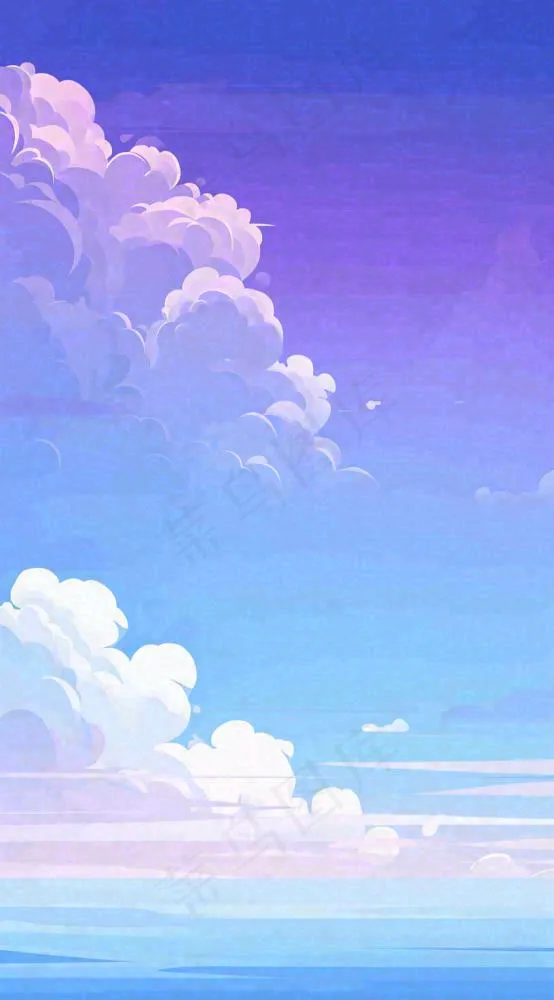粉蓝渐变天空白云简约温馨，阳光海面海洋扁平插画(816x1472)