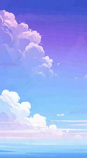 粉蓝渐变天空白云简约温馨，阳光海面海洋扁平插画