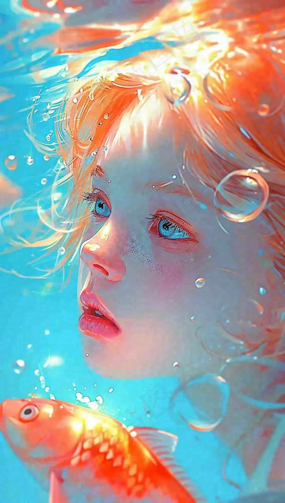 海底世界金鱼鱼类和小女孩人物游泳(816x1440)