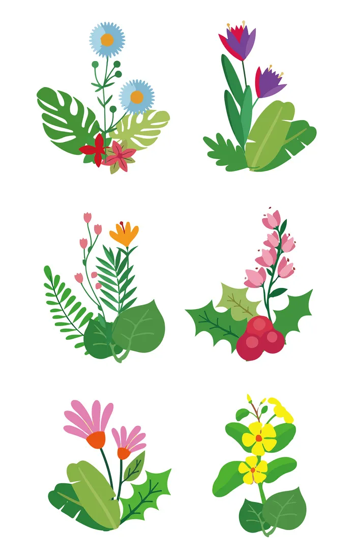 免抠春季绿色清新花草植物插画元素