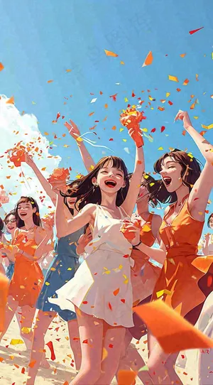 夏日阳光沙滩狂欢玩耍，音乐舞蹈缤纷烟花手绘插画