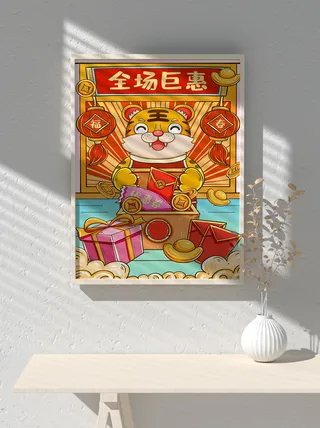 2022新年可爱卡通虎年国潮风海报