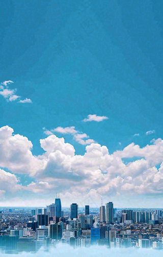 城市建筑倒影蓝天白云摄影图