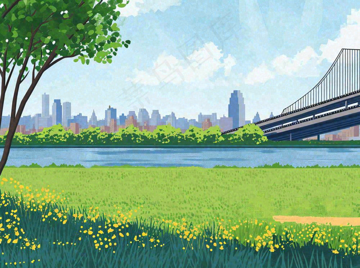 城市河边草地交通风景，春天阳光蓝天白云手绘插画(1264x944)
