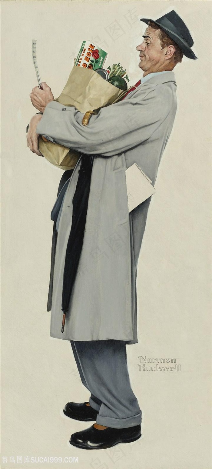 诺曼 · 洛克威尔手绘抱着东西的男士装饰画