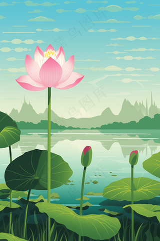 荷花莲花荷叶盛开卡通插画