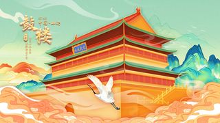 中国风国潮古建筑地标城市古风建筑阁楼印象地标手绘插画PSD素材