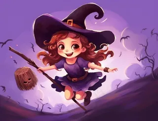 万圣节女巫骑扫把紫色卡通插画背景