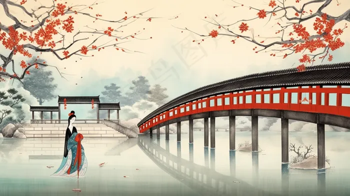中国风古风少女小桥流水人家水墨画插画(4368x2448)