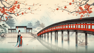 中国风古风少女小桥流水人家水墨画插画