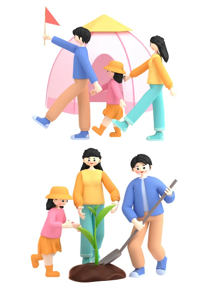 c4d春天春游旅游人物场景3d元素素材露营郊游人物C4D3D模型