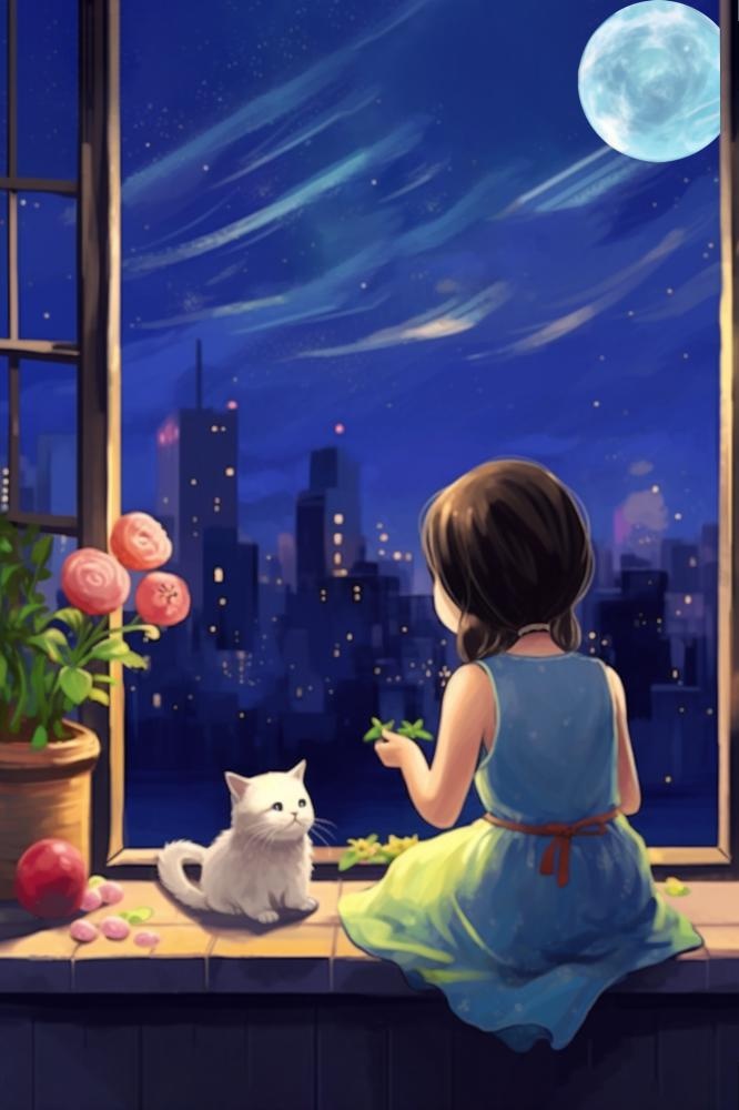 盛夏夜晚星空下坐着窗台的女孩和猫插画背景(2000x3000)