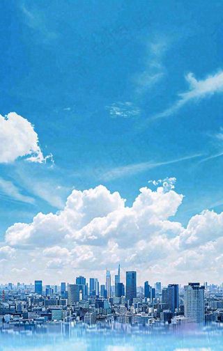 城市建筑倒影蓝天白云摄影图