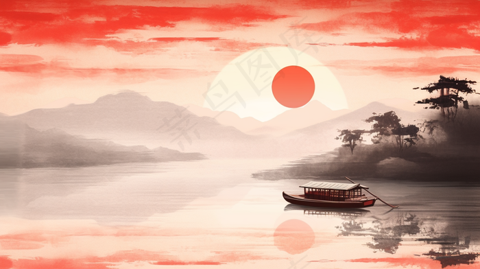 江南水乡水墨画山水船红色插画(4368x2448)