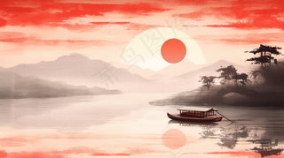 江南水乡水墨画山水船红色插画