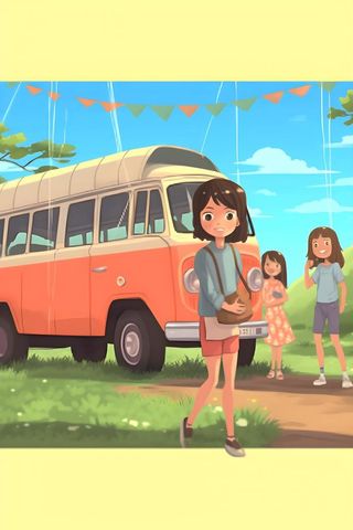 开车旅游草原花草人物卡通插画背景