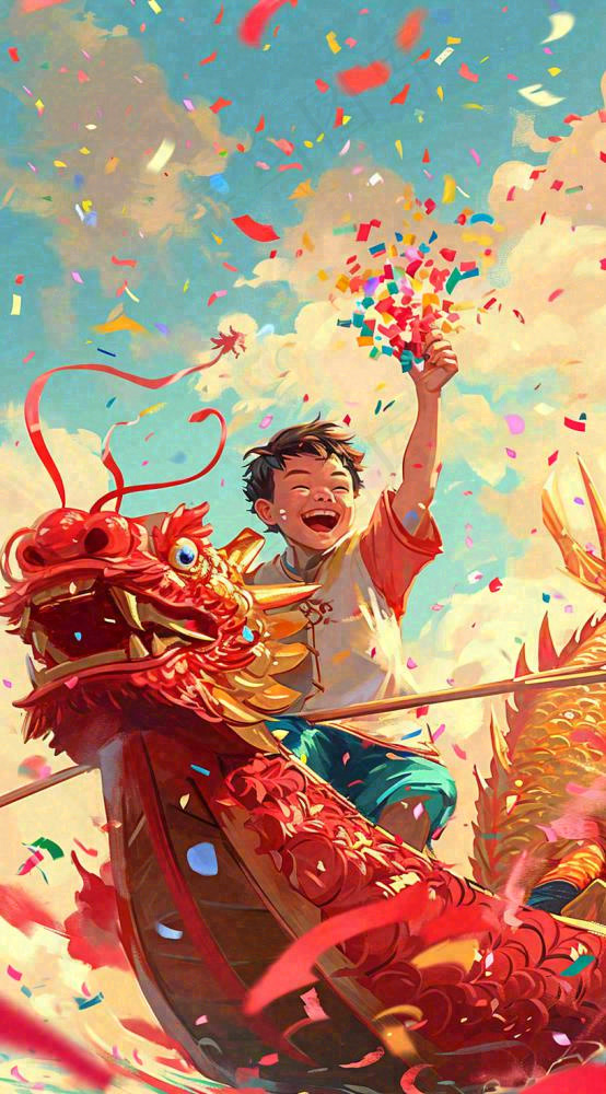 祥龙喜庆欢乐节日，蓝天白云儿童手绘插画