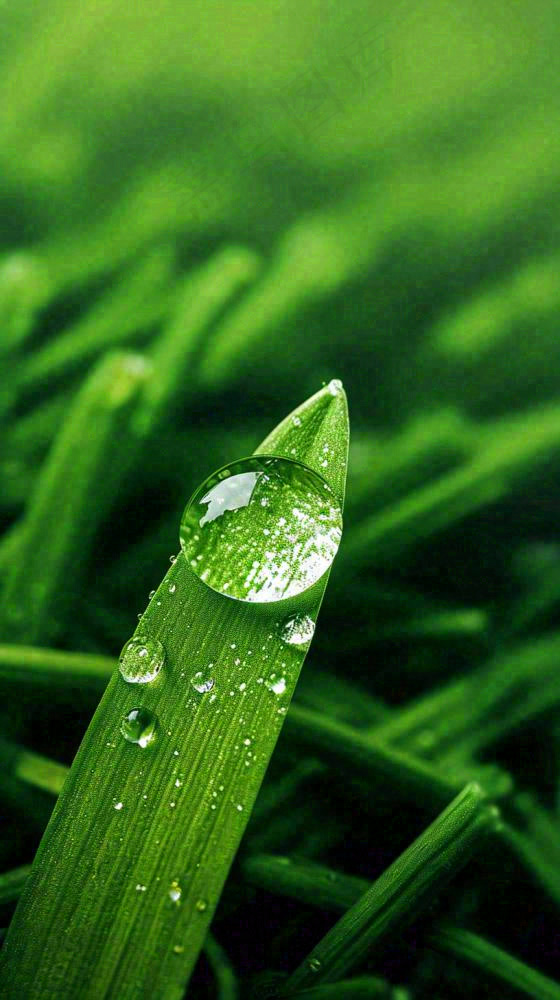 春天树叶草叶上晶莹剔透的水珠，雨水摄影图(816x1456)