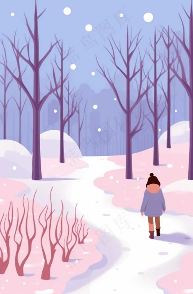冬天下雪女孩走在森林的道路白雪紫粉色卡通插画背景(896x1360)