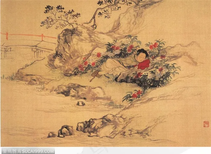 人物篇-趴在花石上睡着的古代女子