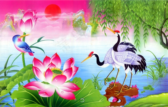 荷花仙鹤垂柳装饰画