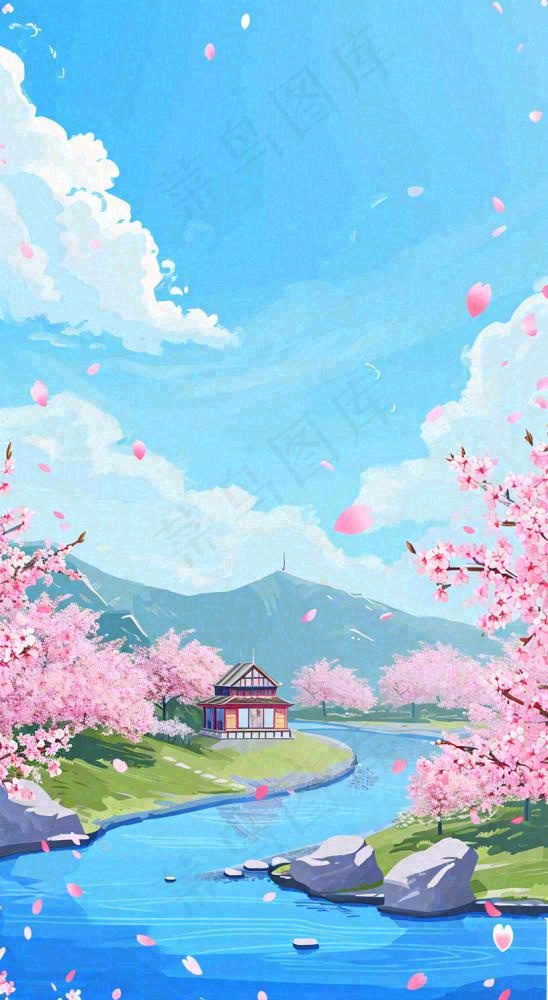 春天浪漫粉色樱花山脉河流蓝天白云清新手绘扁平插画，立春惊蛰