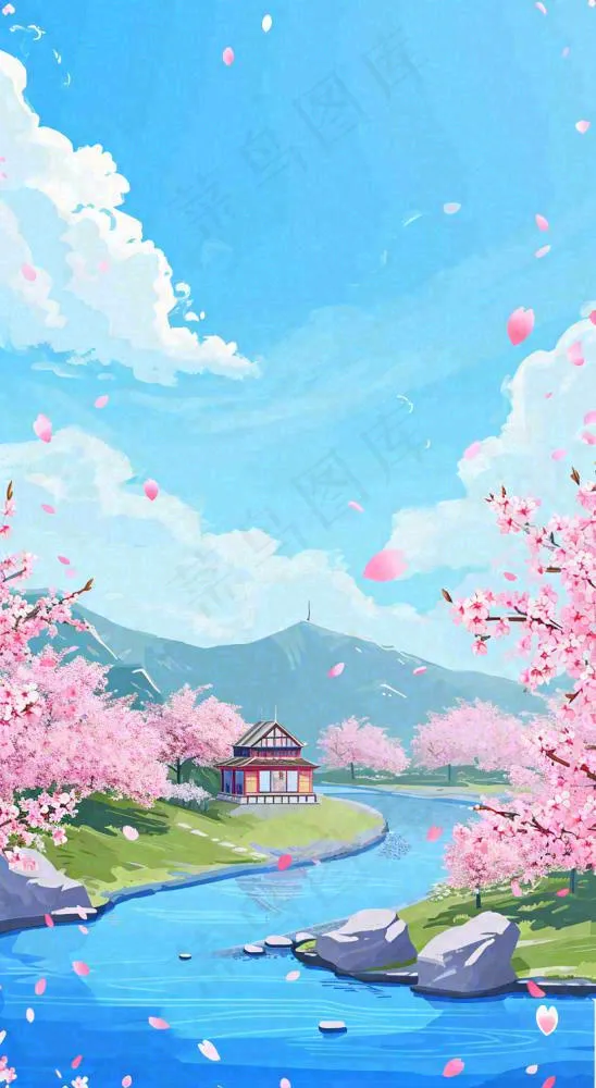 春天浪漫粉色樱花山脉河流蓝天白云清新手绘扁平插画，立春惊蛰(816x1488)