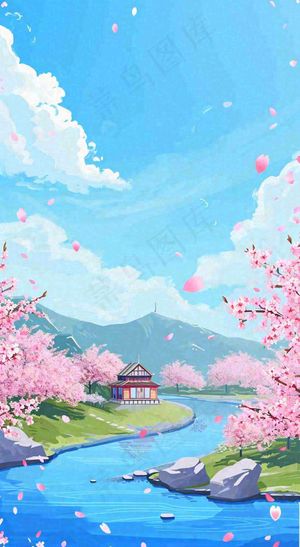 春天浪漫粉色樱花山脉河流蓝天白云清新手绘扁平插画，立春惊蛰