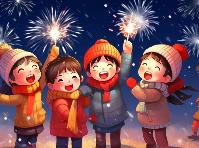 新年除夕放烟花爆竹的孩童庆祝新年喜庆卡通插画背景(1264x944)