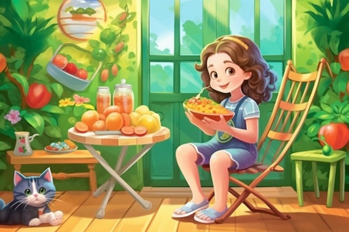 夏日清新女孩吃水果小猫背景(1344x896)