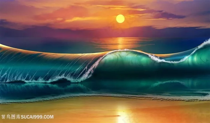 唯美夕阳大海海浪风景图片