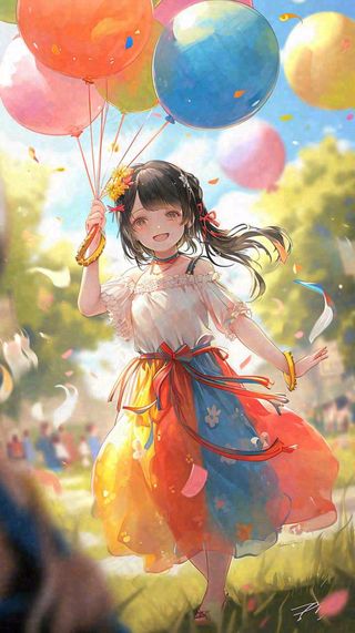 一个可爱的小女孩手里牵着彩色气球在草地上奔跑夏天，儿童节