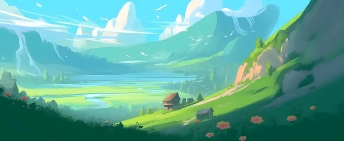 春天蓝天白云草原绿色树草地手绘插画海报素材背景(6848x2816)