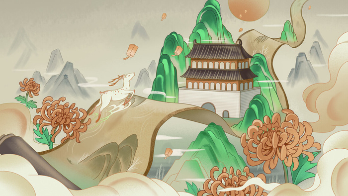 中国风国潮烫金仙鹤山水古建筑风景装饰插画背景PSD分层设计素材