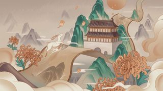 中国风国潮烫金仙鹤山水古建筑风景装饰插画背景PSD分层设计素材