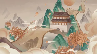 中国风国潮烫金仙鹤山水古建筑风景装饰插画背景PSD分层设计素材