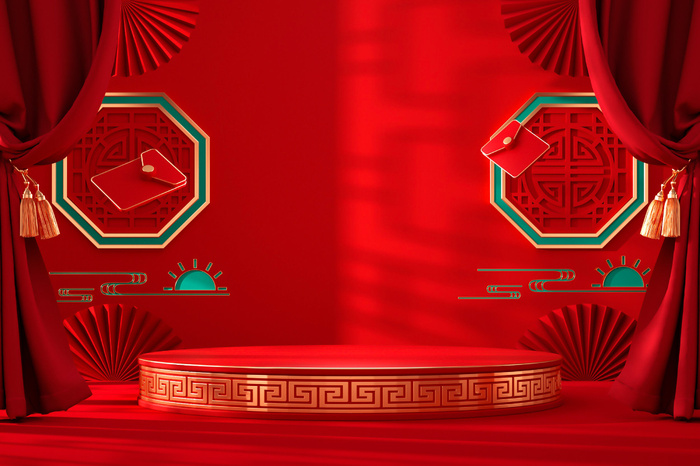 中国风古典喜庆C4D背景图3D国潮场景促销活动海报PSD设计素材模板