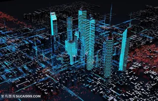 炫酷青色线条建筑远景高清图片