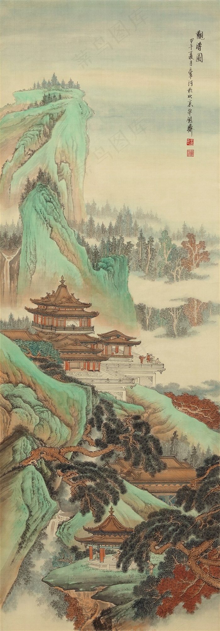 高清仿古界画当代画家王军河绘制仙山琼阁图皇室楼阁鬼脸皴仙山亭台楼阁古松树