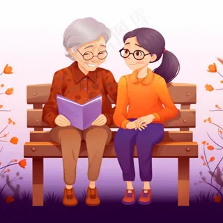 老人孩子陪伴温馨秋重阳节插画素材