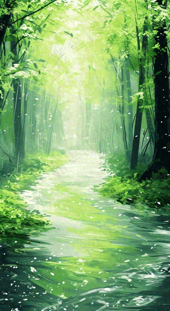 春天绿树成荫的树林里面小溪溪水飘着树叶(816x1488)
