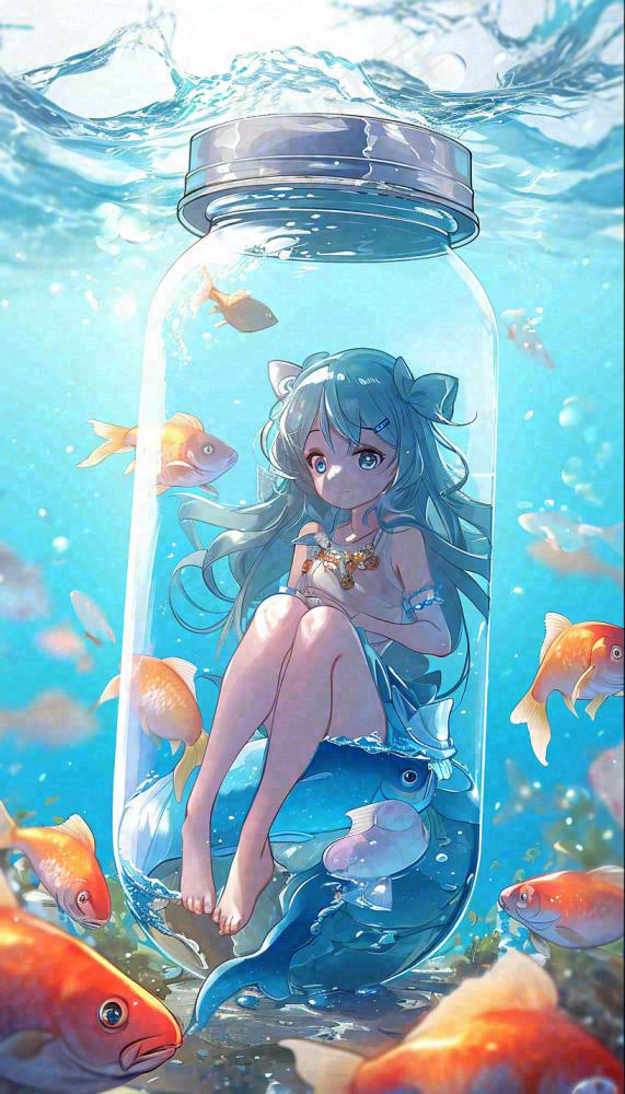 漫画少女海底瓶罐金鱼水面鱼类游泳插画手绘