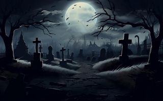 万圣节夜晚坟墓恐怖月色树林插画蓝黑色背景