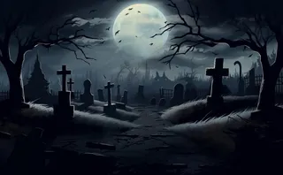 万圣节夜晚坟墓恐怖月色树林插画蓝黑色背景